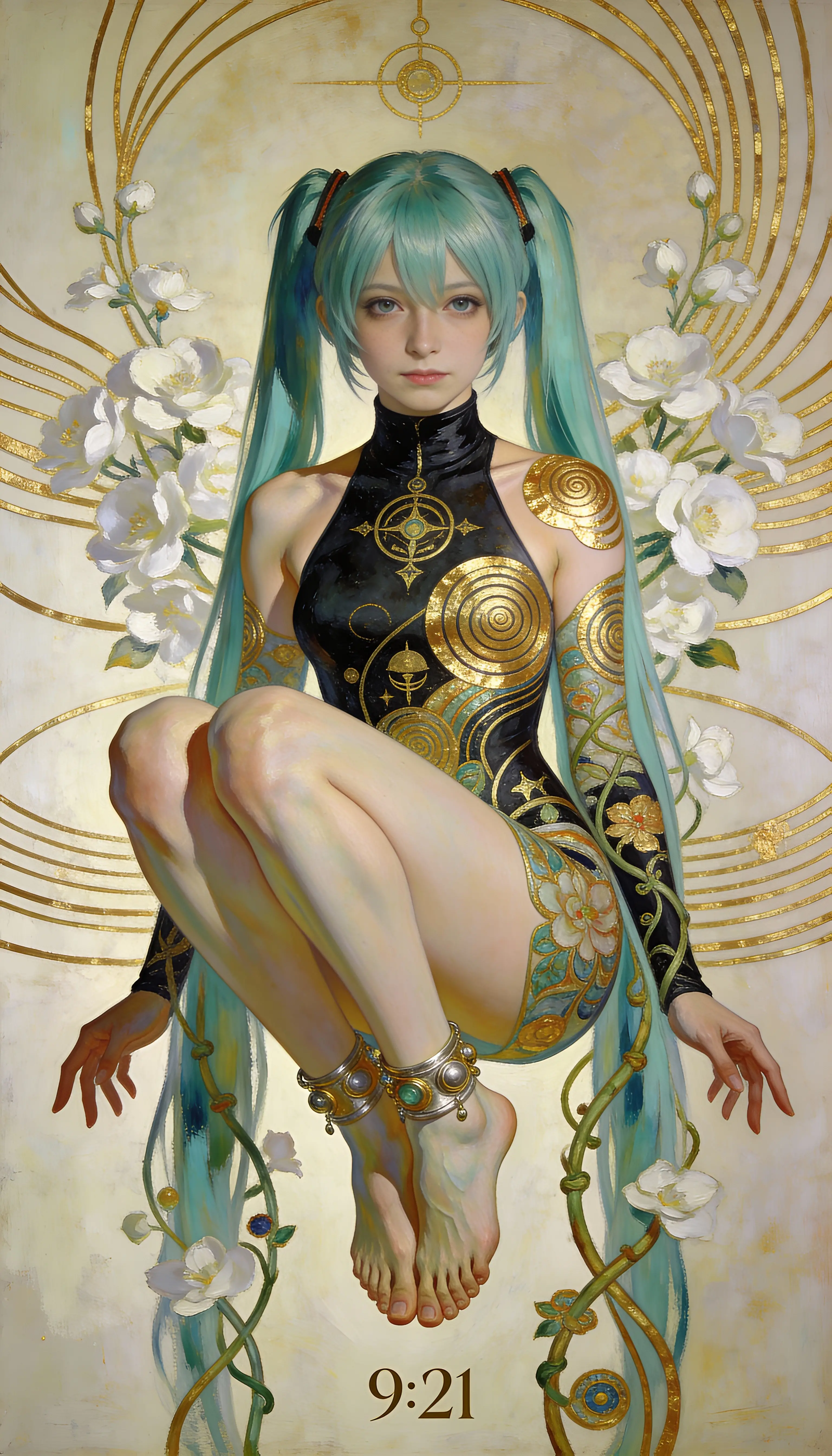 Serene anime girl in ornate dark outfit with gold accents