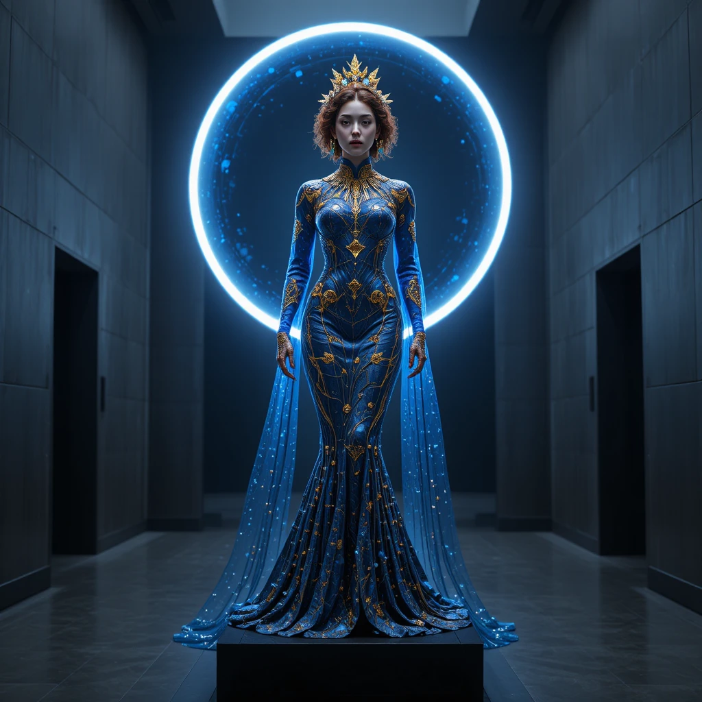 Donna automa coreana su piedistallo con alone cosmico luminoso