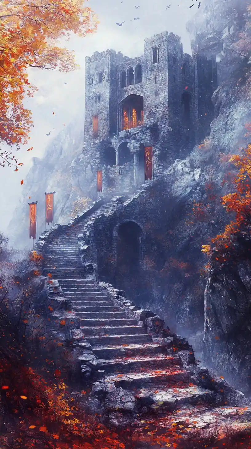 Nebelbedeckte Bergfestung inmitten herbstlicher Waldruinen
