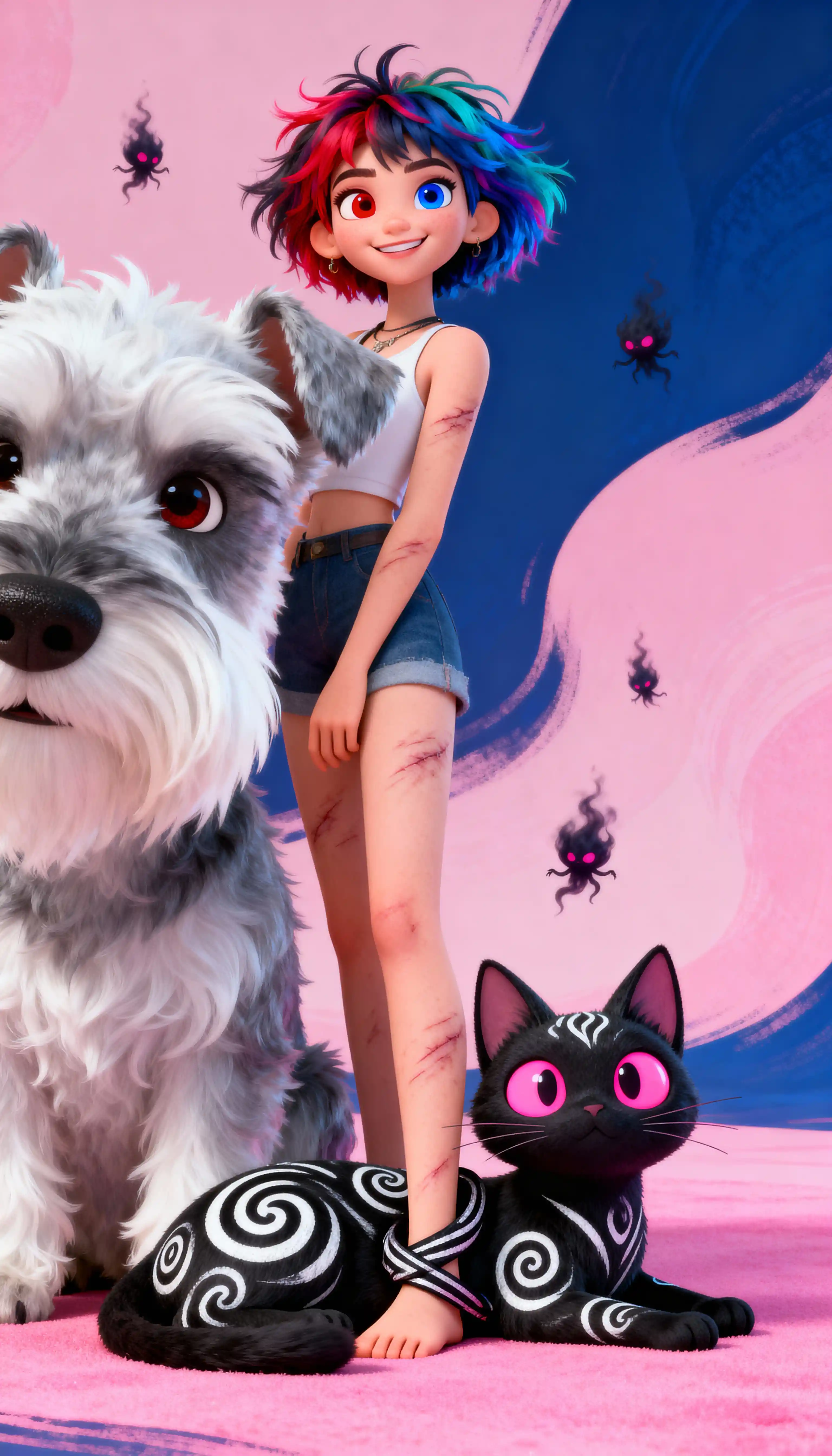Anime girl with heterochromia and schnauzer in close up portrait