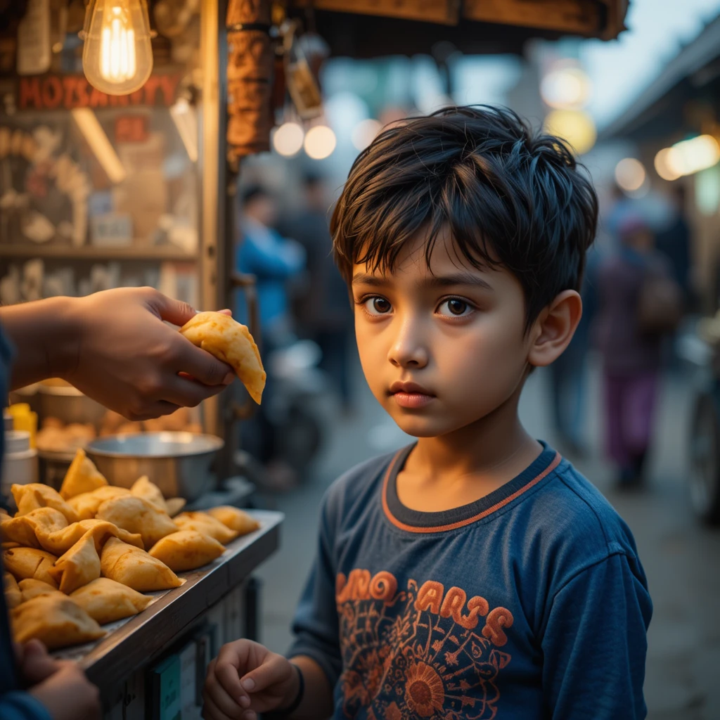 Niño hambriento recibe una samosa de un amable vendedor ambulante