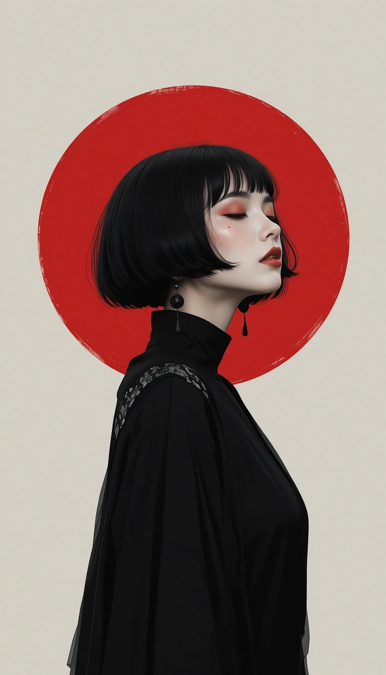 Donna elegante con alone di cerchio rosso e occhi chiusi