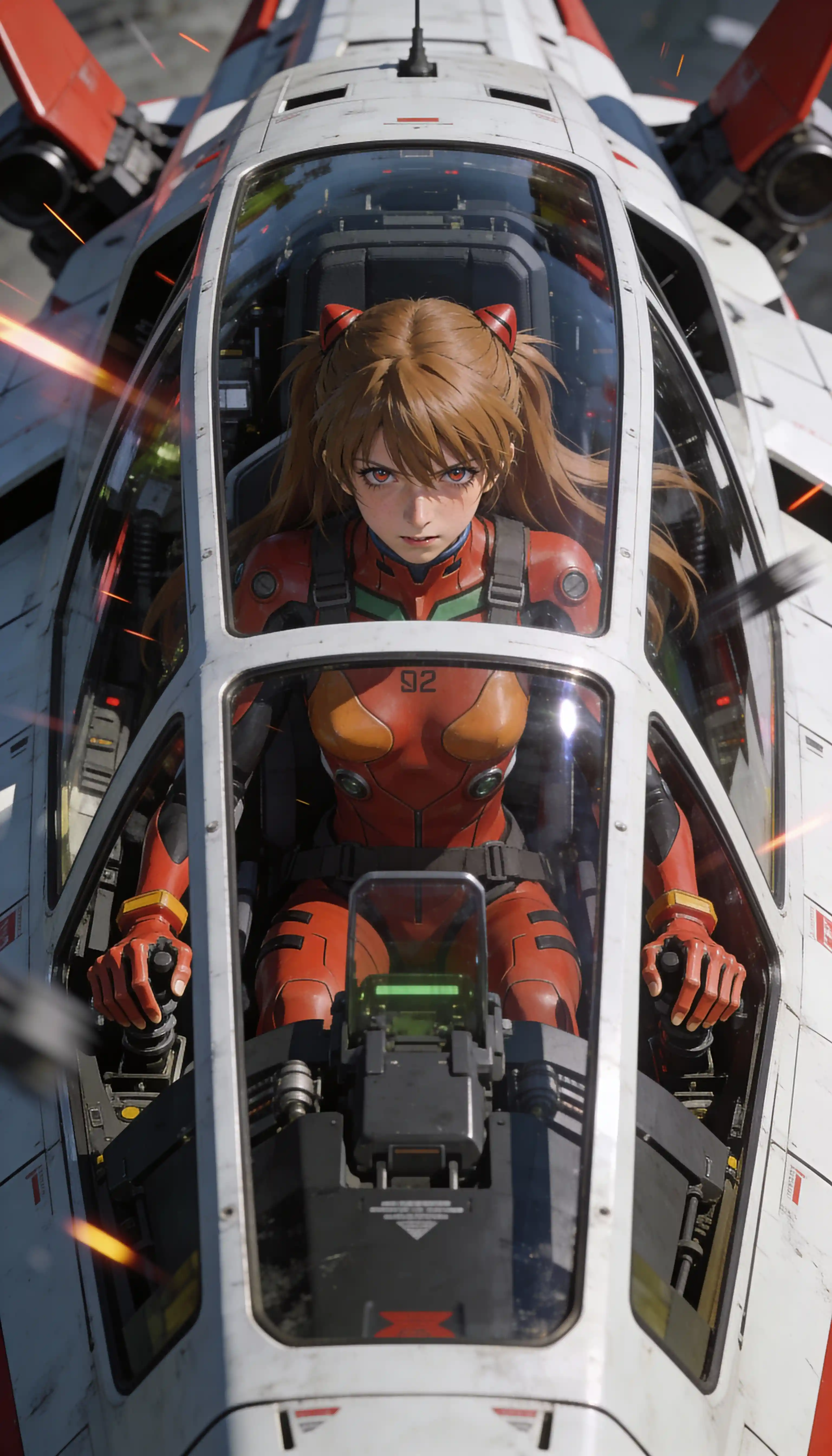 Intense sci fi woman in mechanical cockpit battle readiness