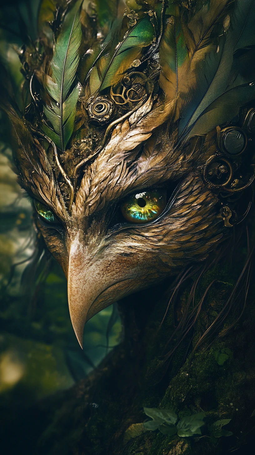 Surreal feathered woman rising within a mystical forest