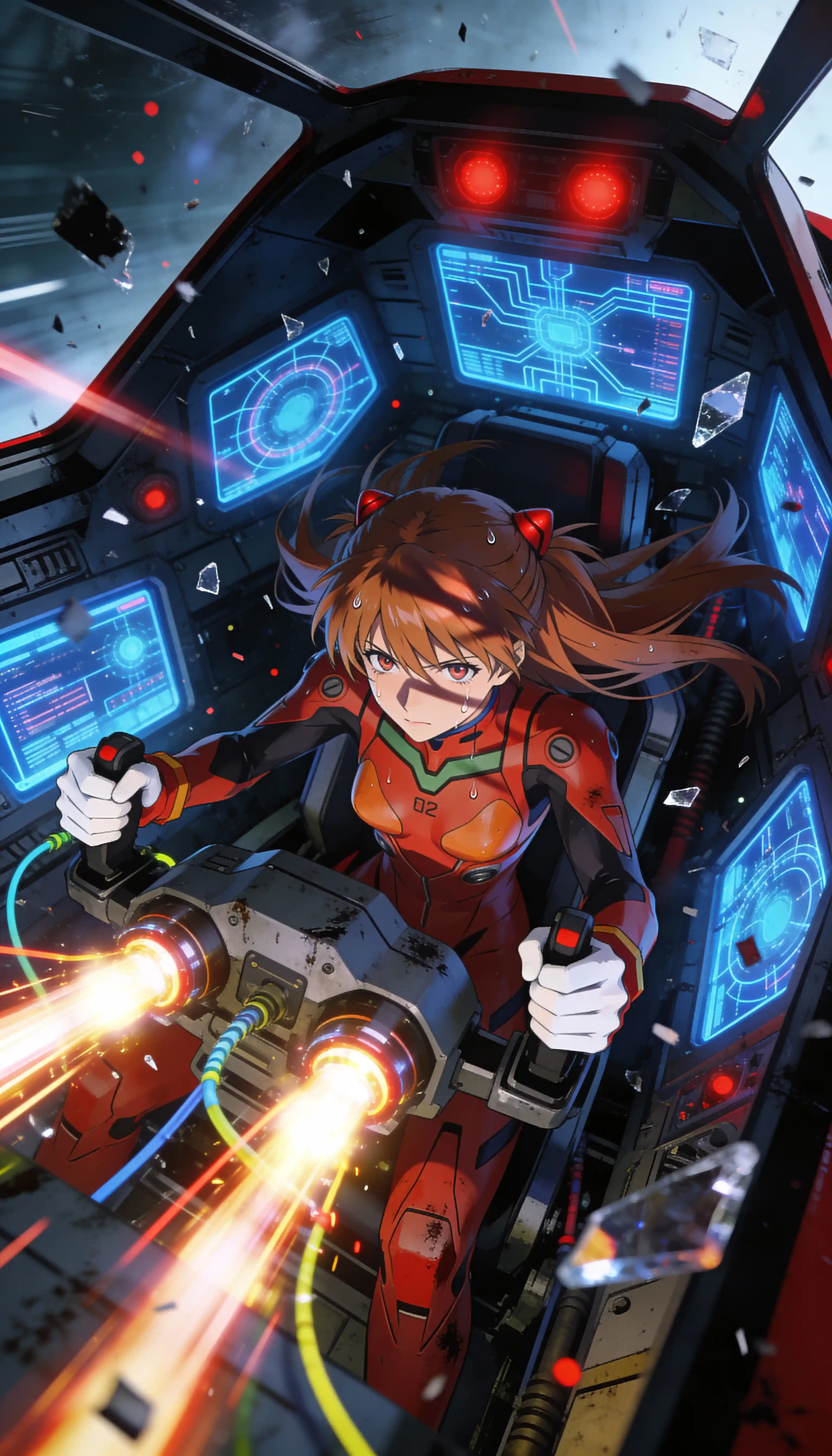 Dynamic anime girl bracing for combat in a cockpit
