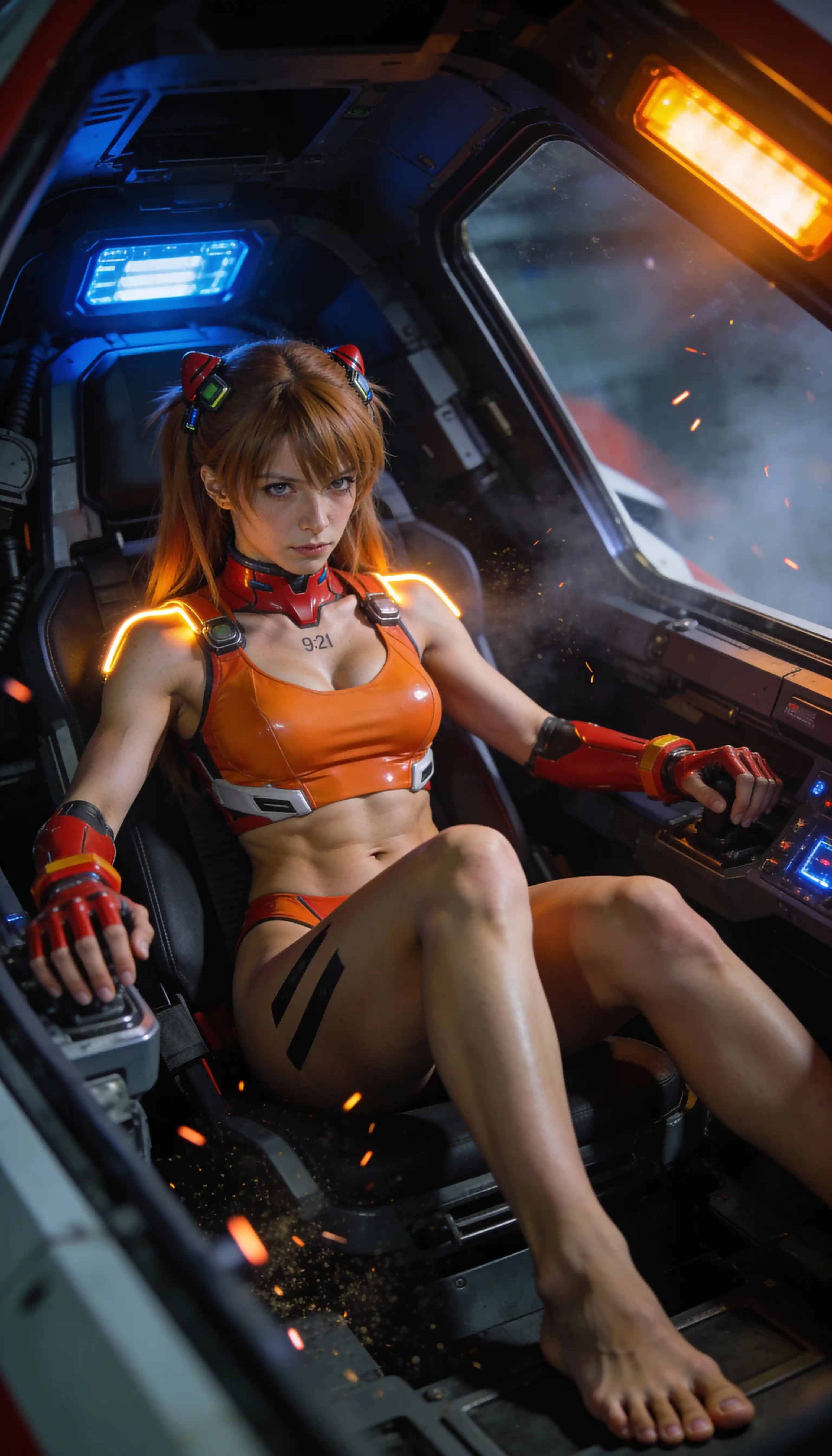 Cinematic pilot woman in high tech cockpit preparing for battle
