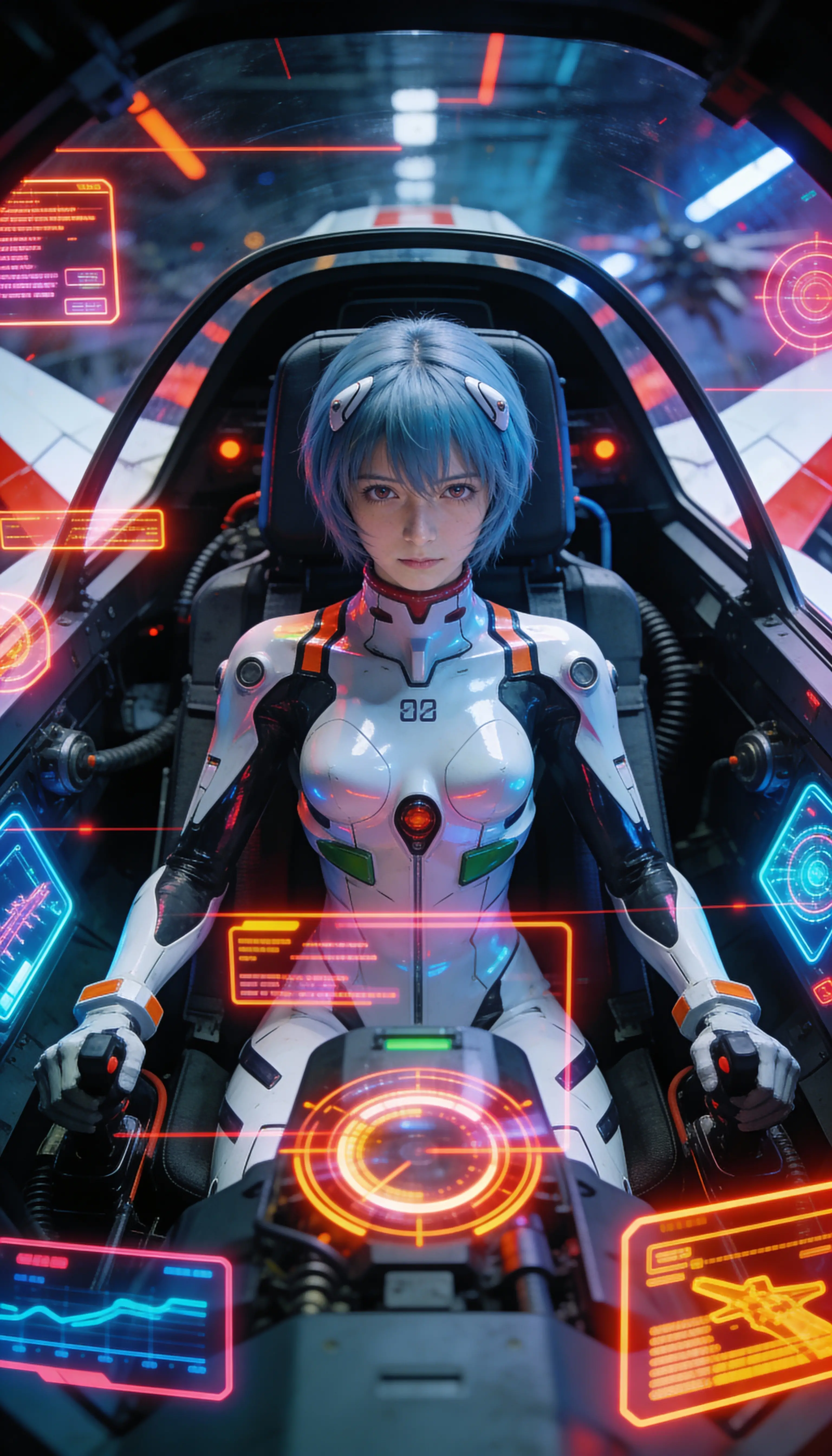 Intense sci fi pilot in neon lit high tech cockpit