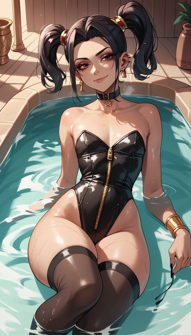 Anime girl in a steamy bathtub with gothic jester outfit