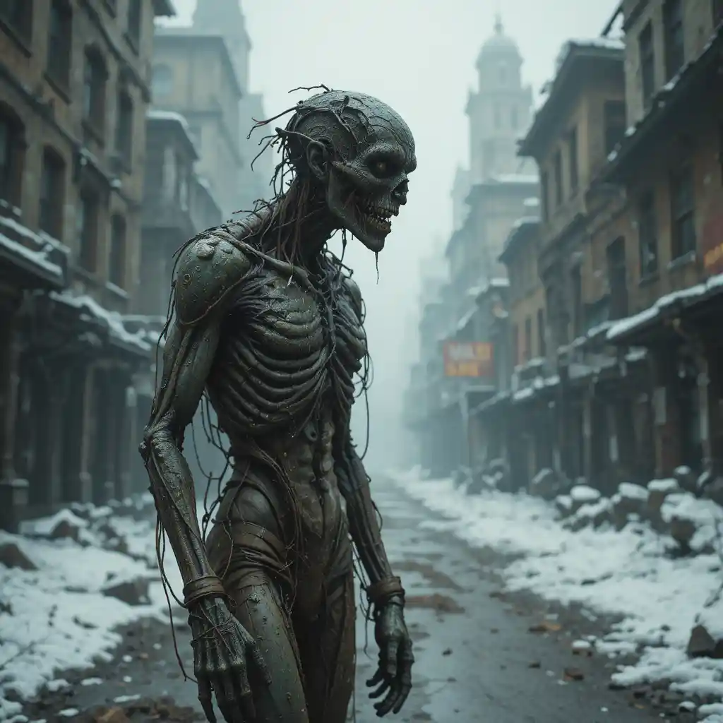 Mutant ghoul standing in a ruined winter city street