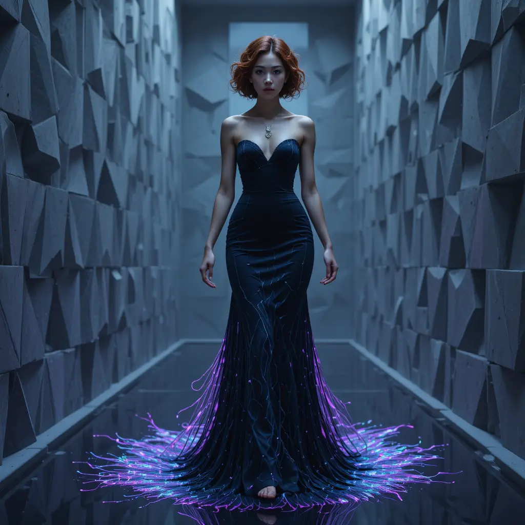 Korean woman in temporal motion walking through anechoic chamber