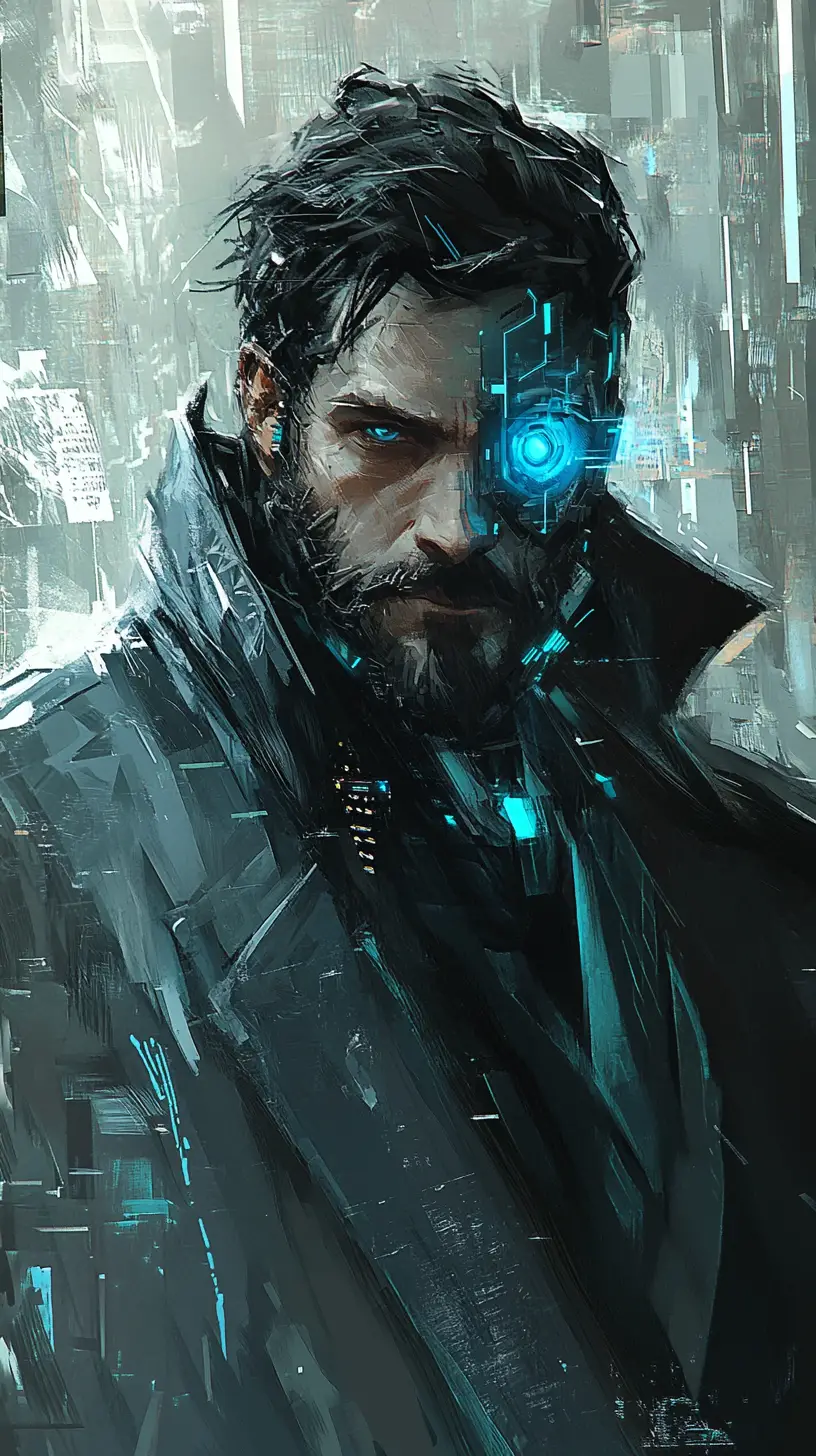 Cybernetic detective with glowing blue eye in urban chaos