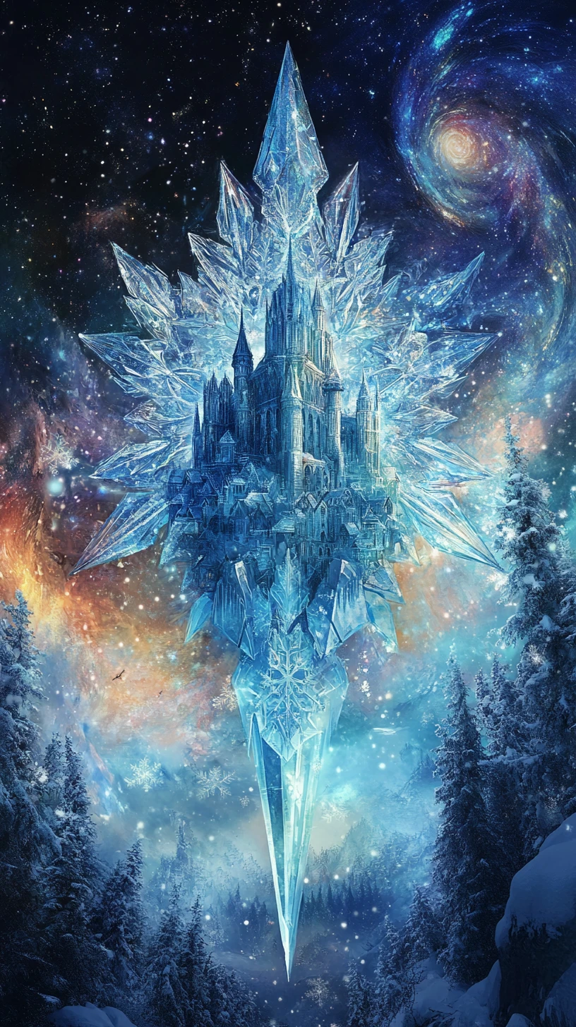 Majestätisches Schneeflocken-Schloss in einer surrealen Wintertraumlandschaft