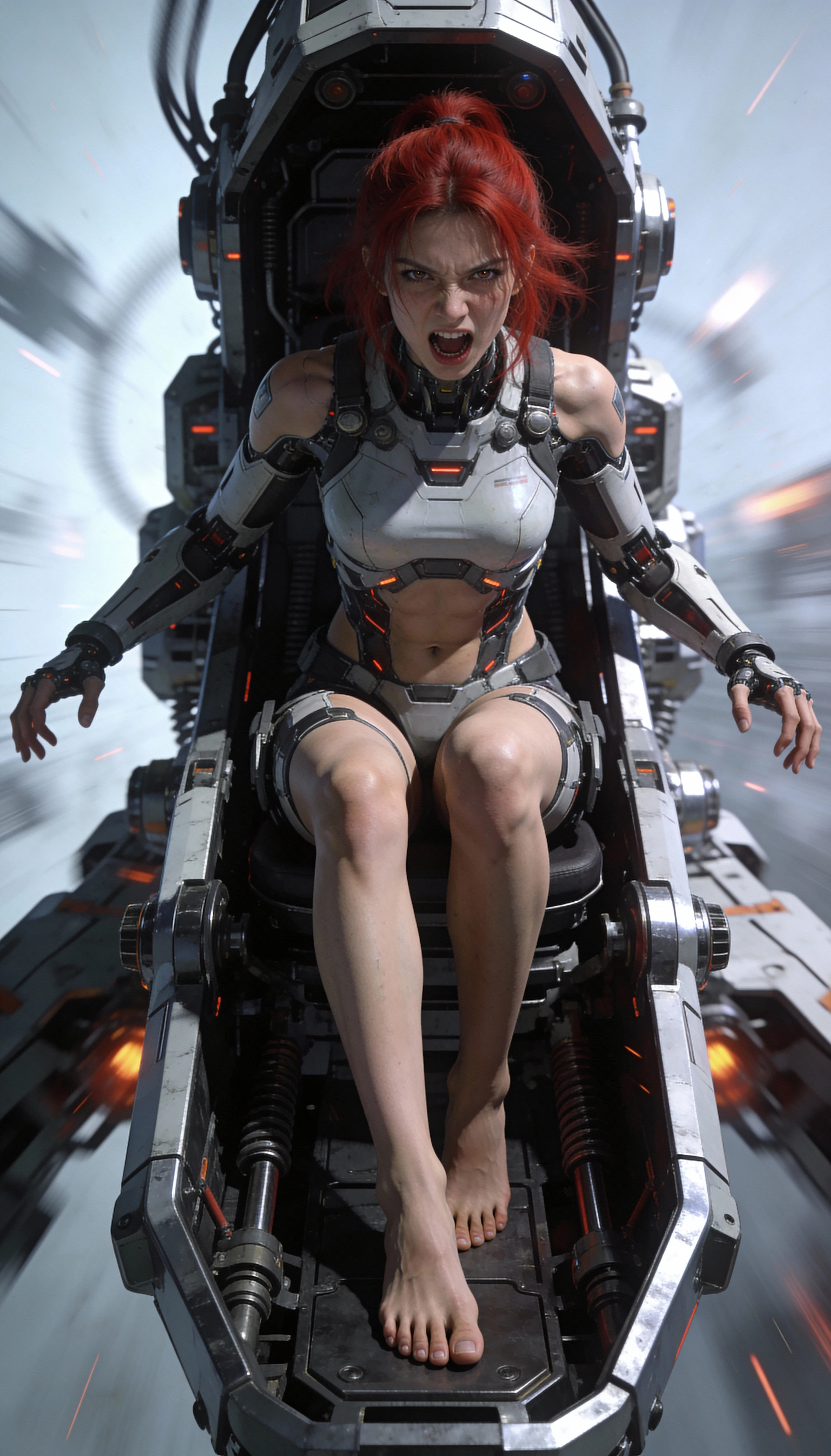 Red haired woman in sci fi mechanical interior