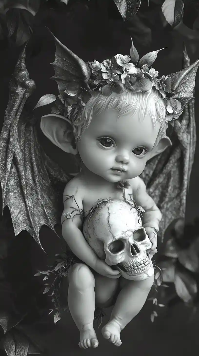 Vampire baby with skull and bat wings in monochrome portrait
