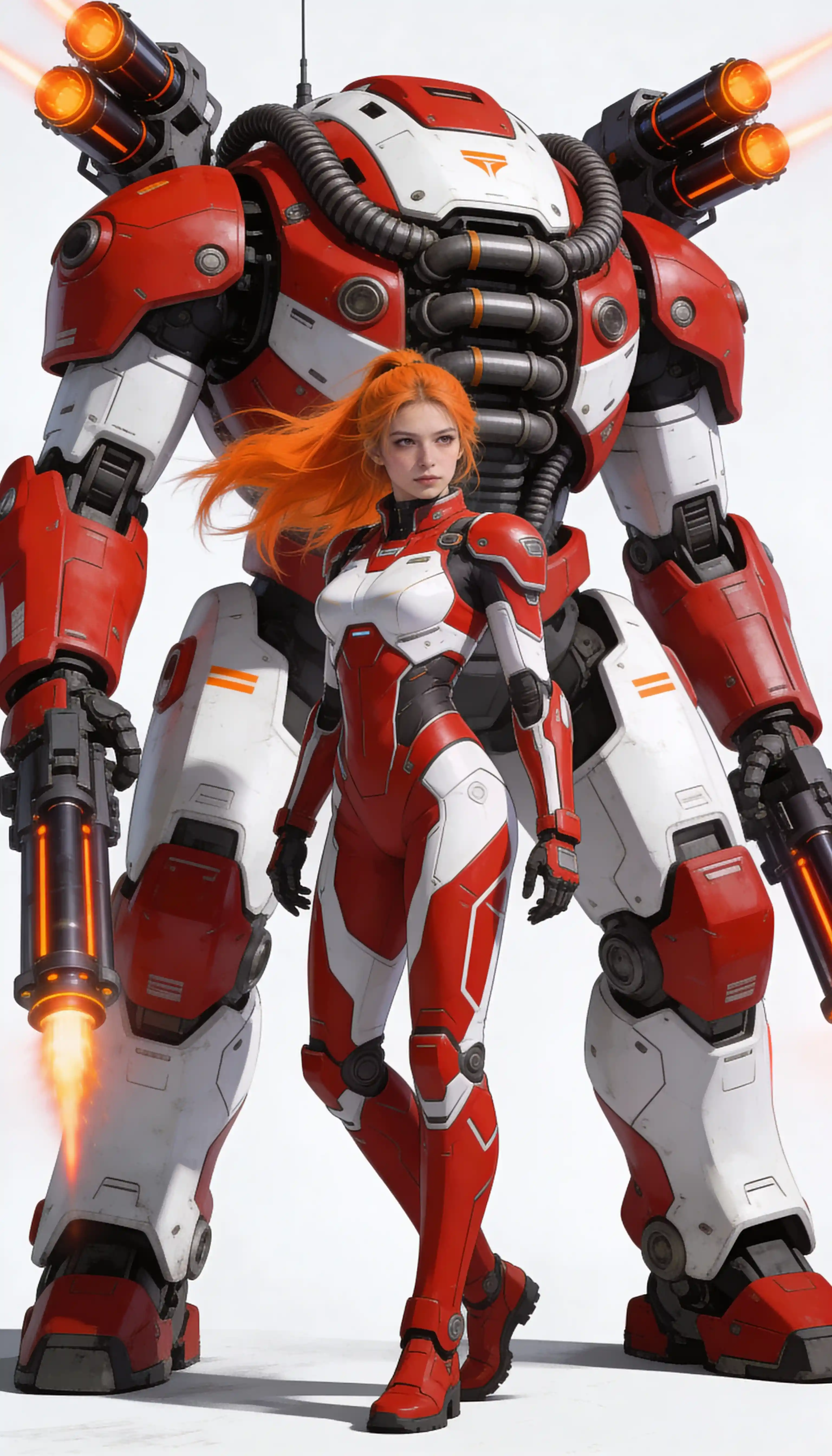 Futuristischer Krieger mit Mech in passender rot-weißer Rüstung