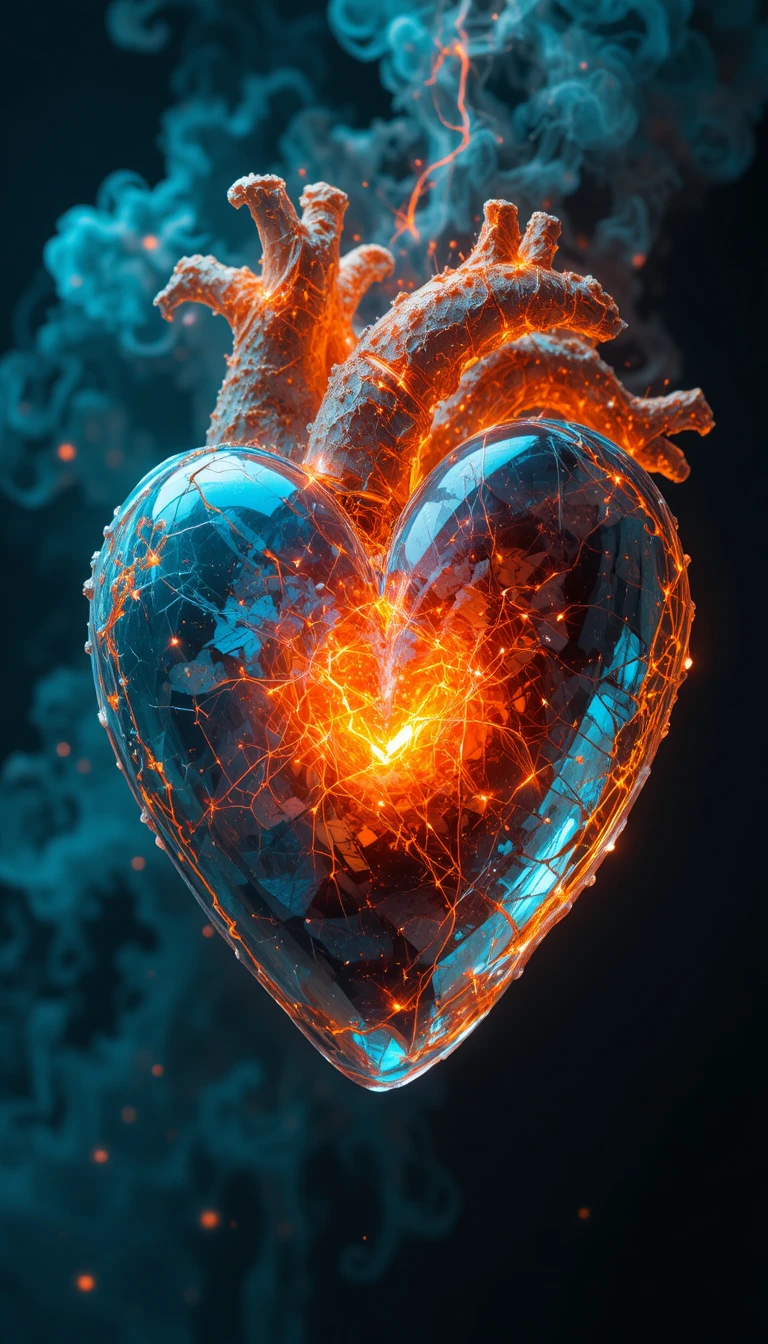 Cuore cristallino astratto che brilla in un oscuro vuoto cinematografico
