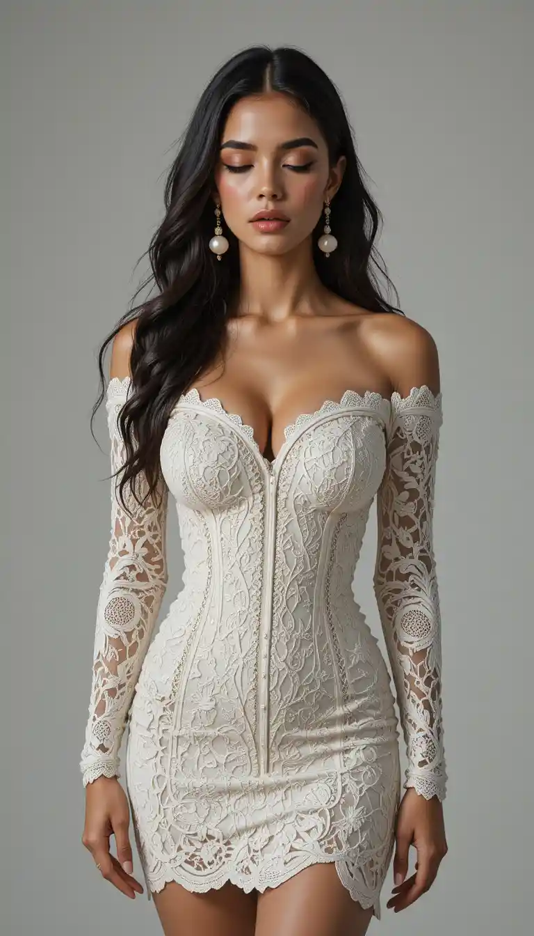 Calm Egyptian woman in lace mini dress studio portrait