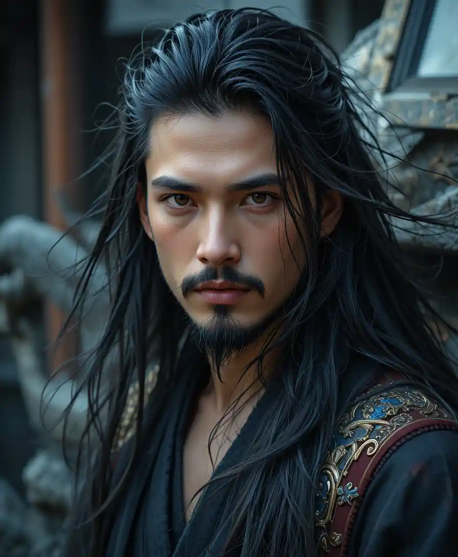 Close up portrait of a stylish Japanese man with long hair