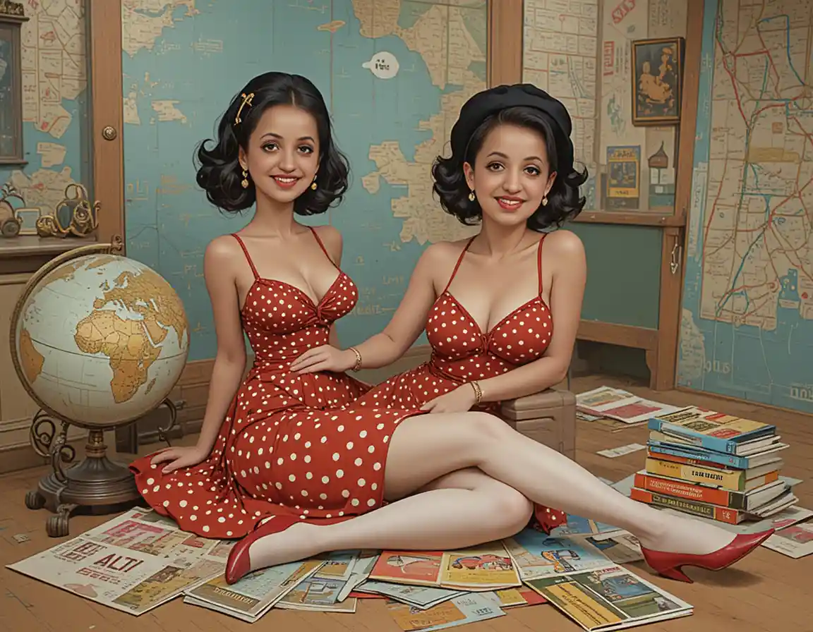 Vintage pin up woman relaxing with globe and brochures