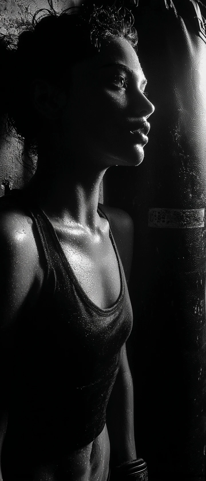 Goth woman training with punching bag in underground gym