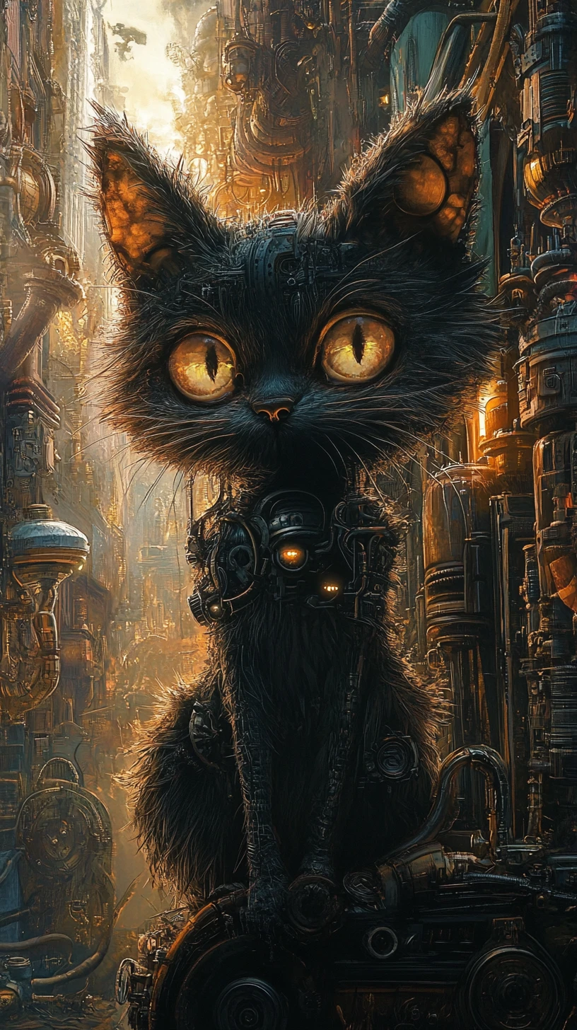 Figura de gato steampunk oscuro con ojos surrealistas brillantes