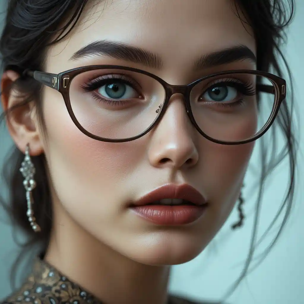 Retrato cinematográfico de una mujer morena con gafas