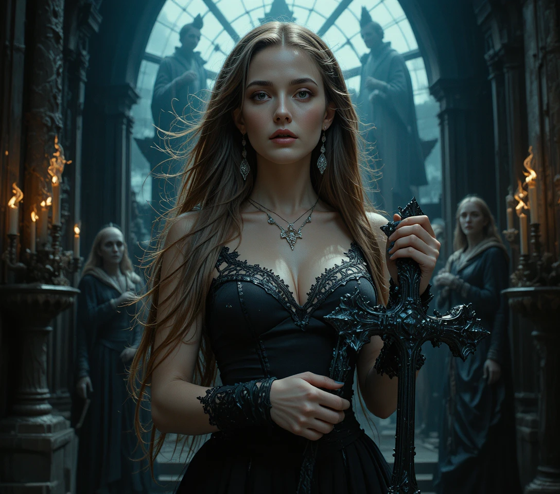 Dark haired woman with cross in gothic torchlit scene