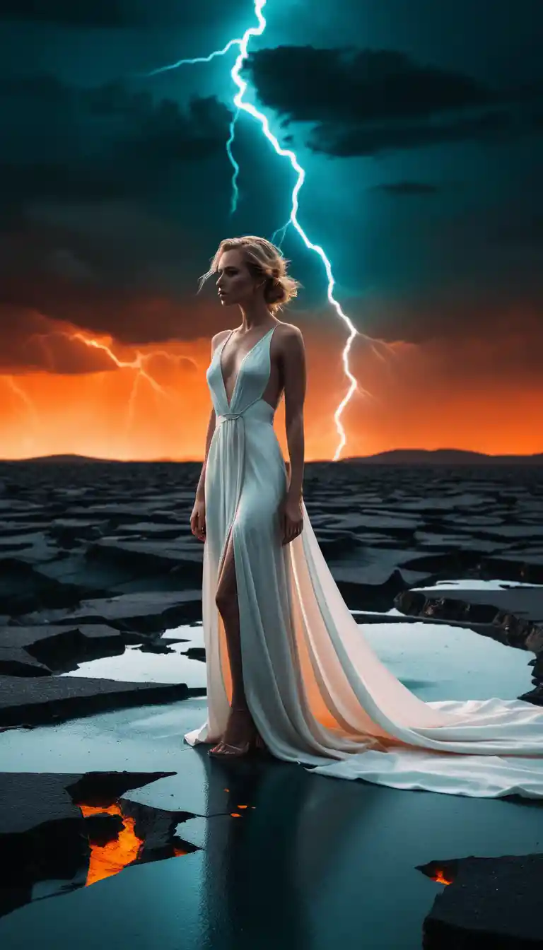 Fashion woman on cracked ice beneath blazing orange lightning