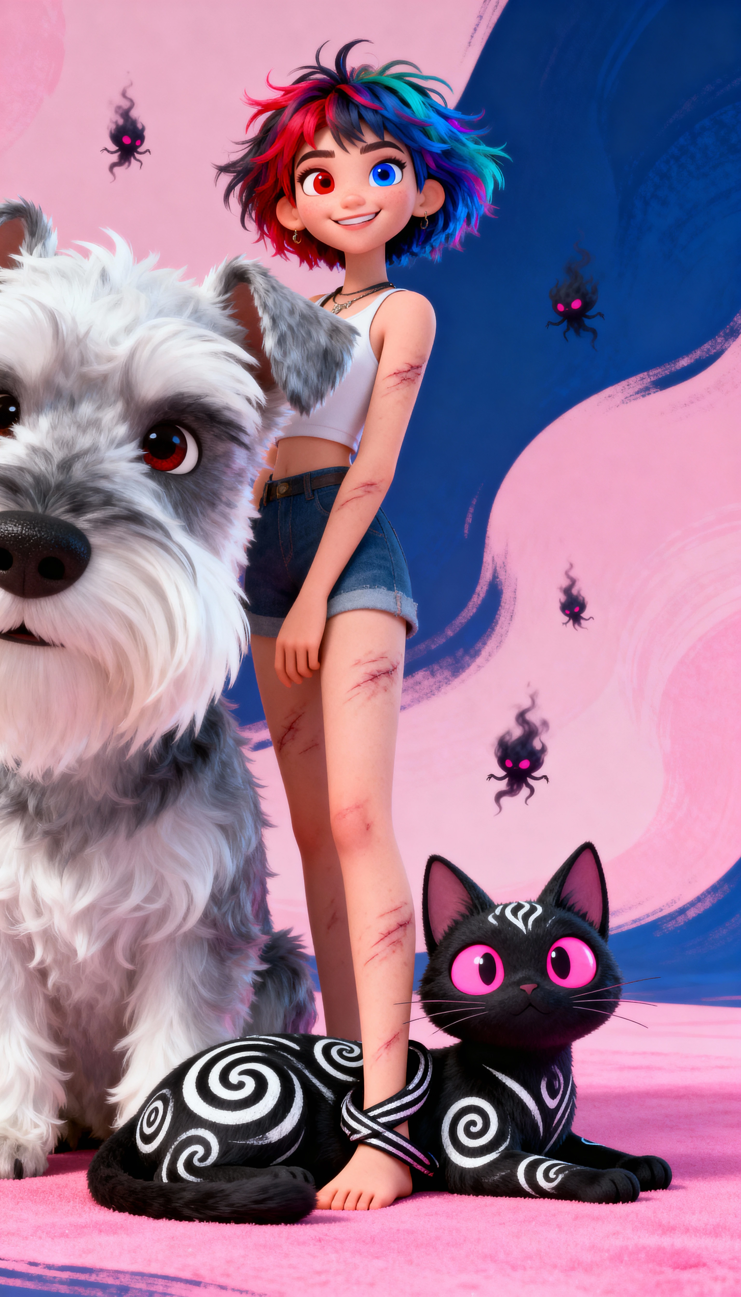 Anime girl with heterochromia and schnauzer in close up portrait