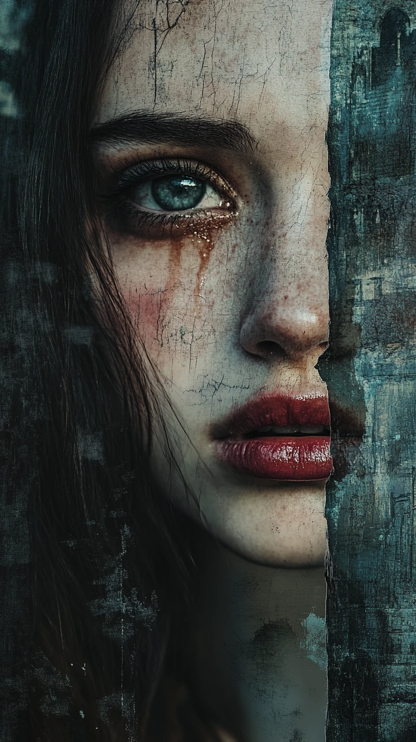 Young woman crying in a crowded castle courtyard