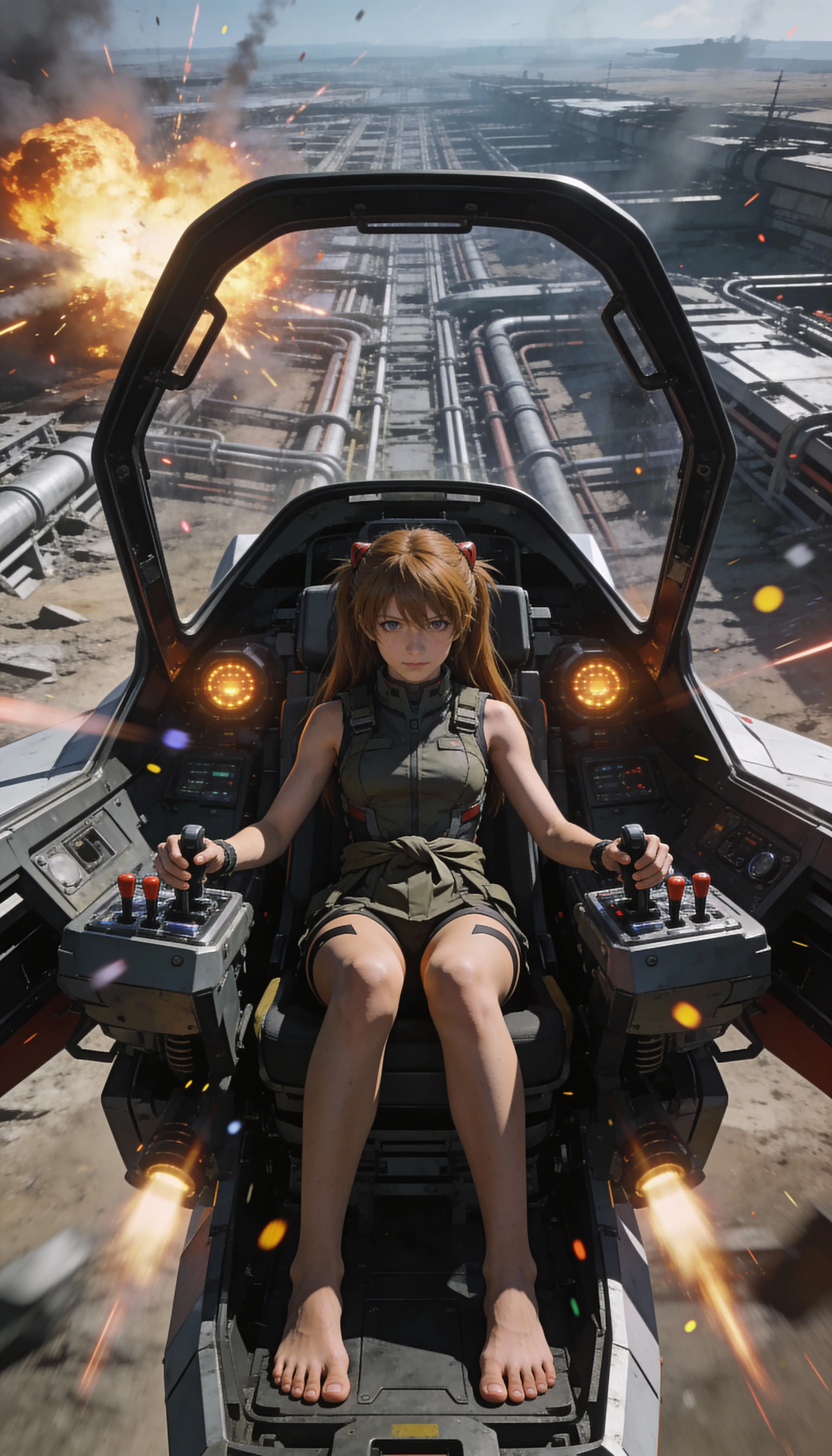 Pilote femme dans un cockpit sci‑fi passant en mode combat