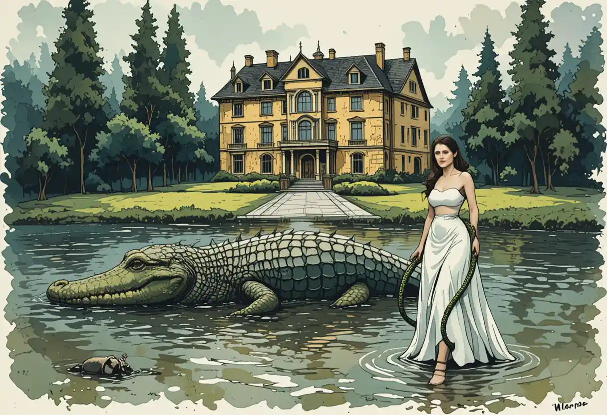 Woman With Snake Facing Crocodile Before Grand Yellow Mansion