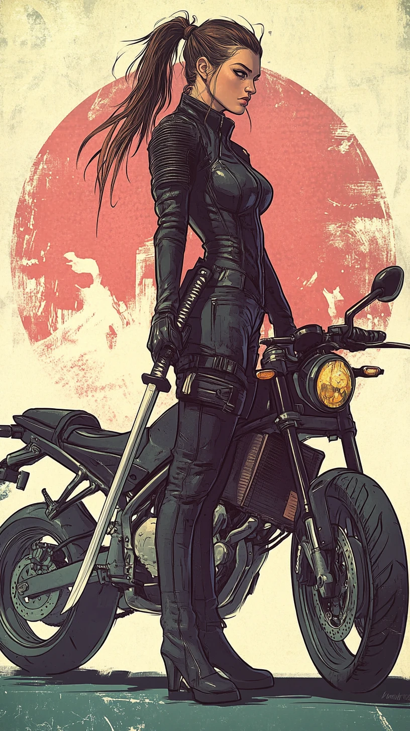 Guerrera con katana a lomos de una moto futurista