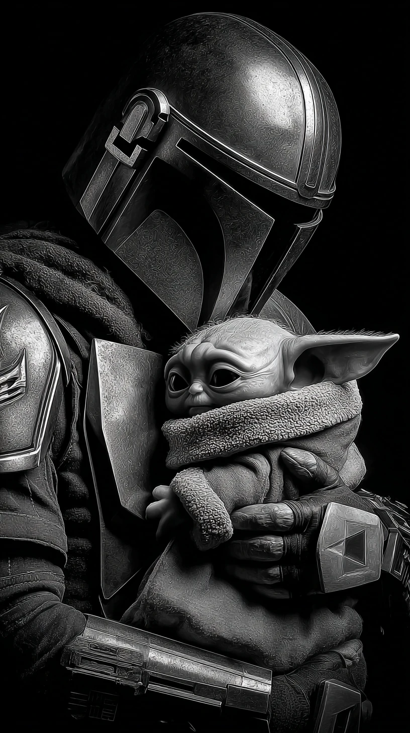 Tender black and white portrait of armored guardian and child