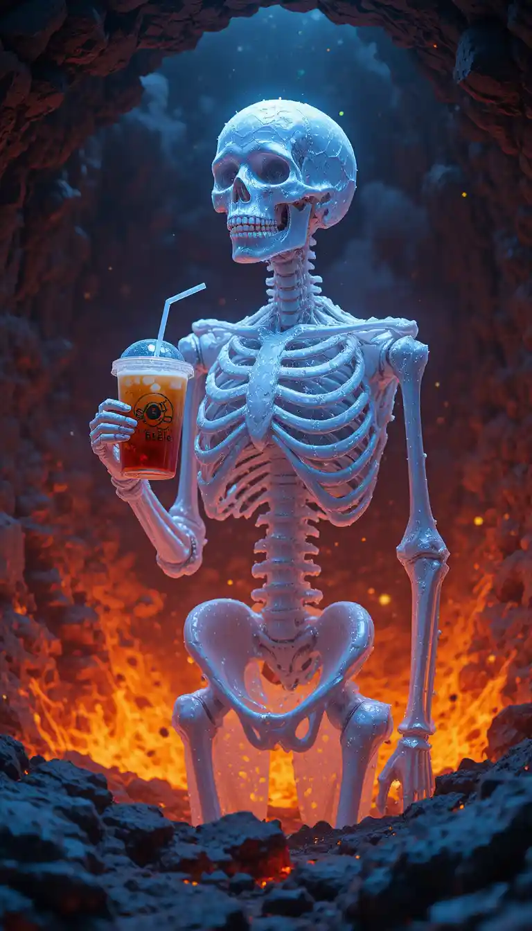 Frozen skeleton in a lava crater holding bubble tea