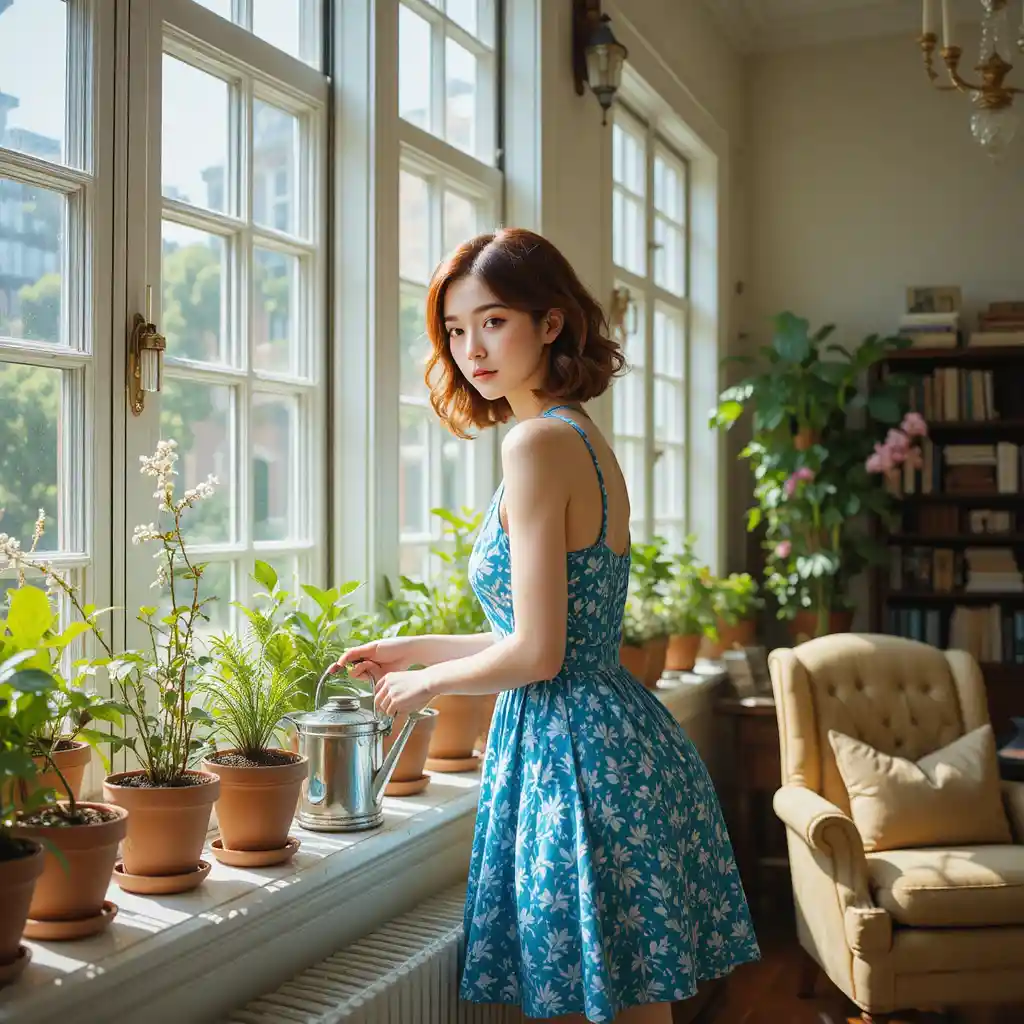 Young woman watering plants by a bright loft window