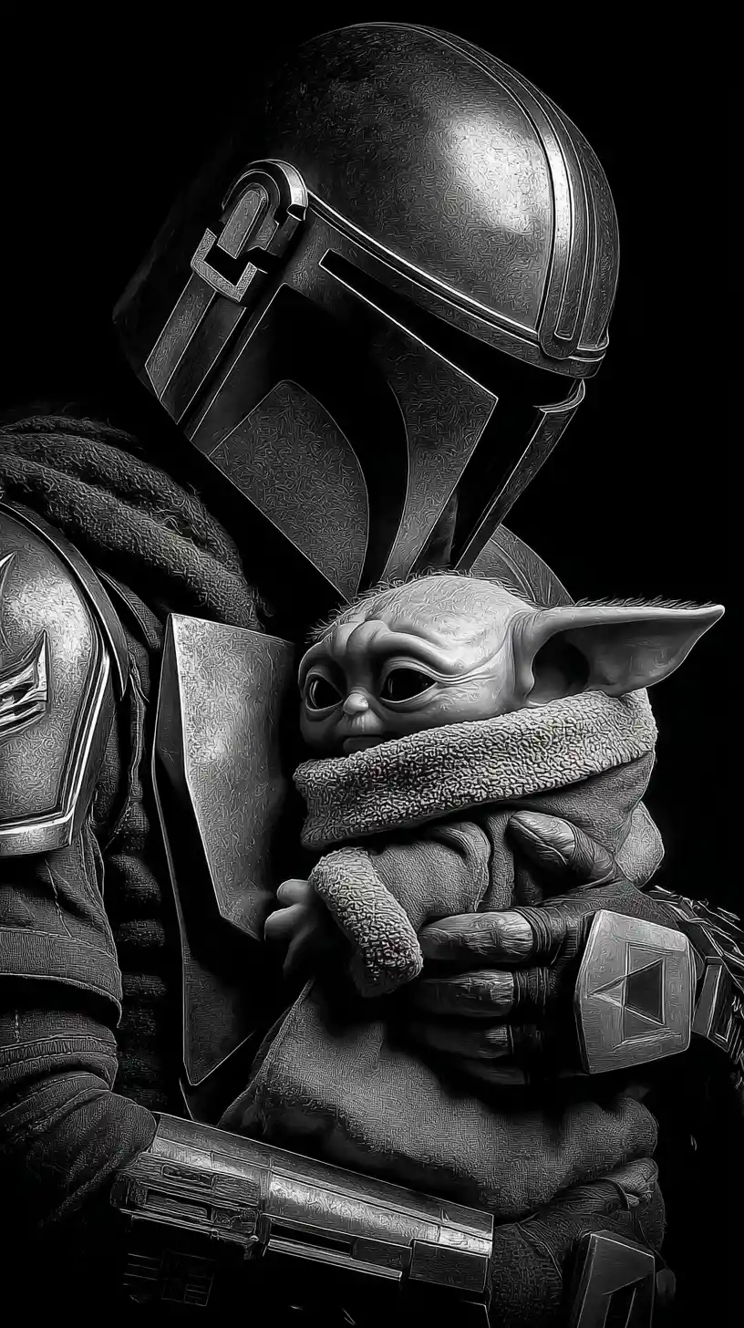 Tender black and white portrait of armored guardian and child