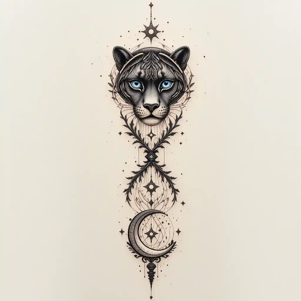 Tatuaggio infinito verticale con occhi di pantera e simboli celesti