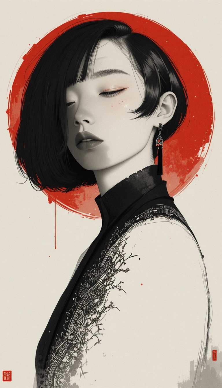 Retrato elegante de mujer con círculo rojo y sombras negras