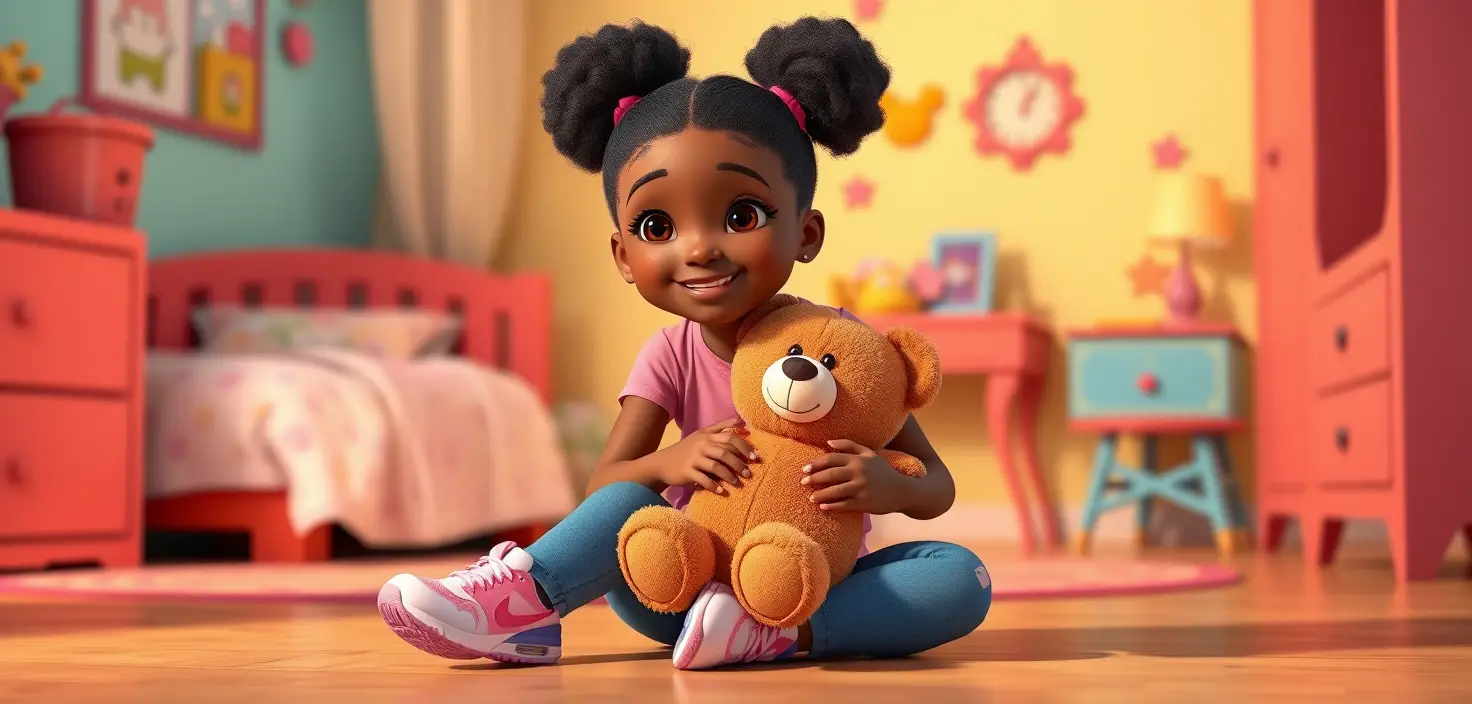 Süßes 3D-Mädchen mit Teddybär in buntem Kinderzimmer