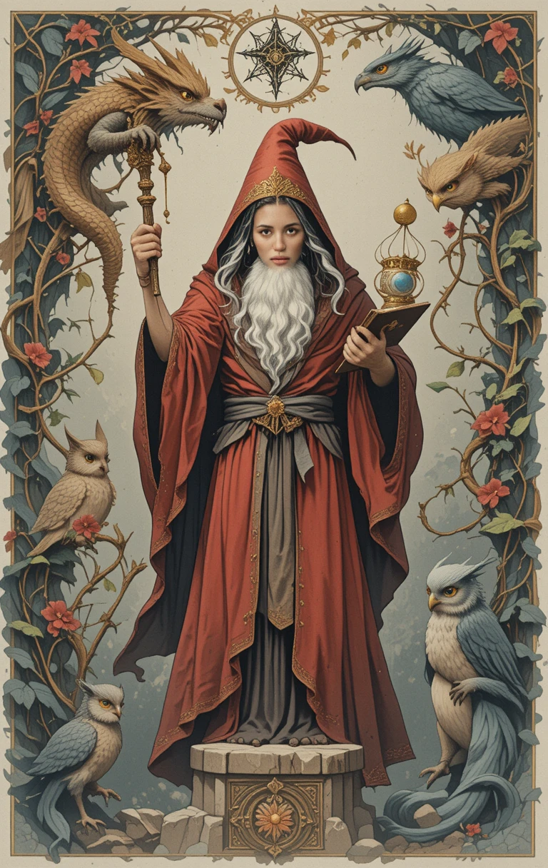 Wizard On Stone Pedestal With Dragons And Owls Tarot Scene
