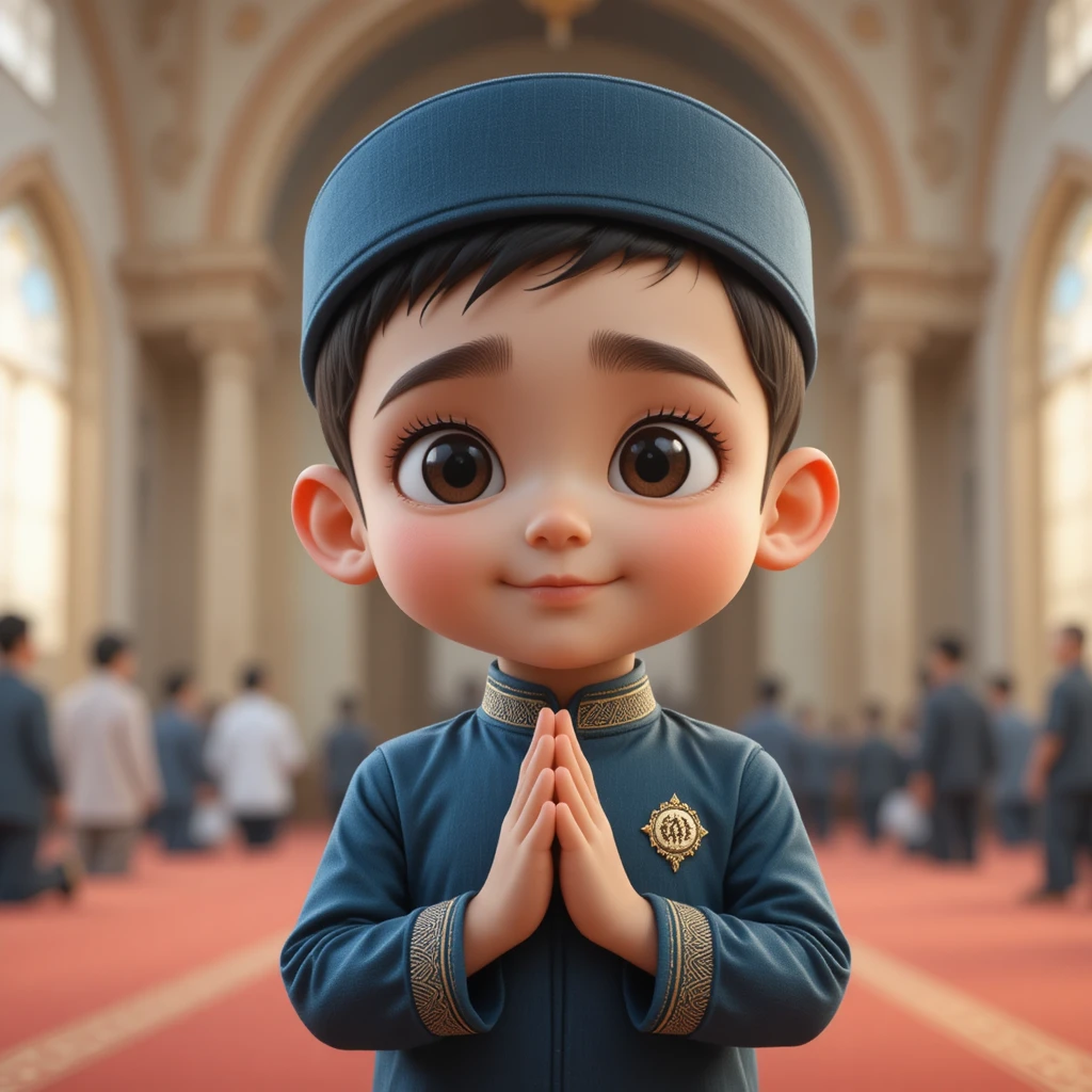 Niño musulmán rezando tranquilamente dentro de una mezquita 3D luminosa