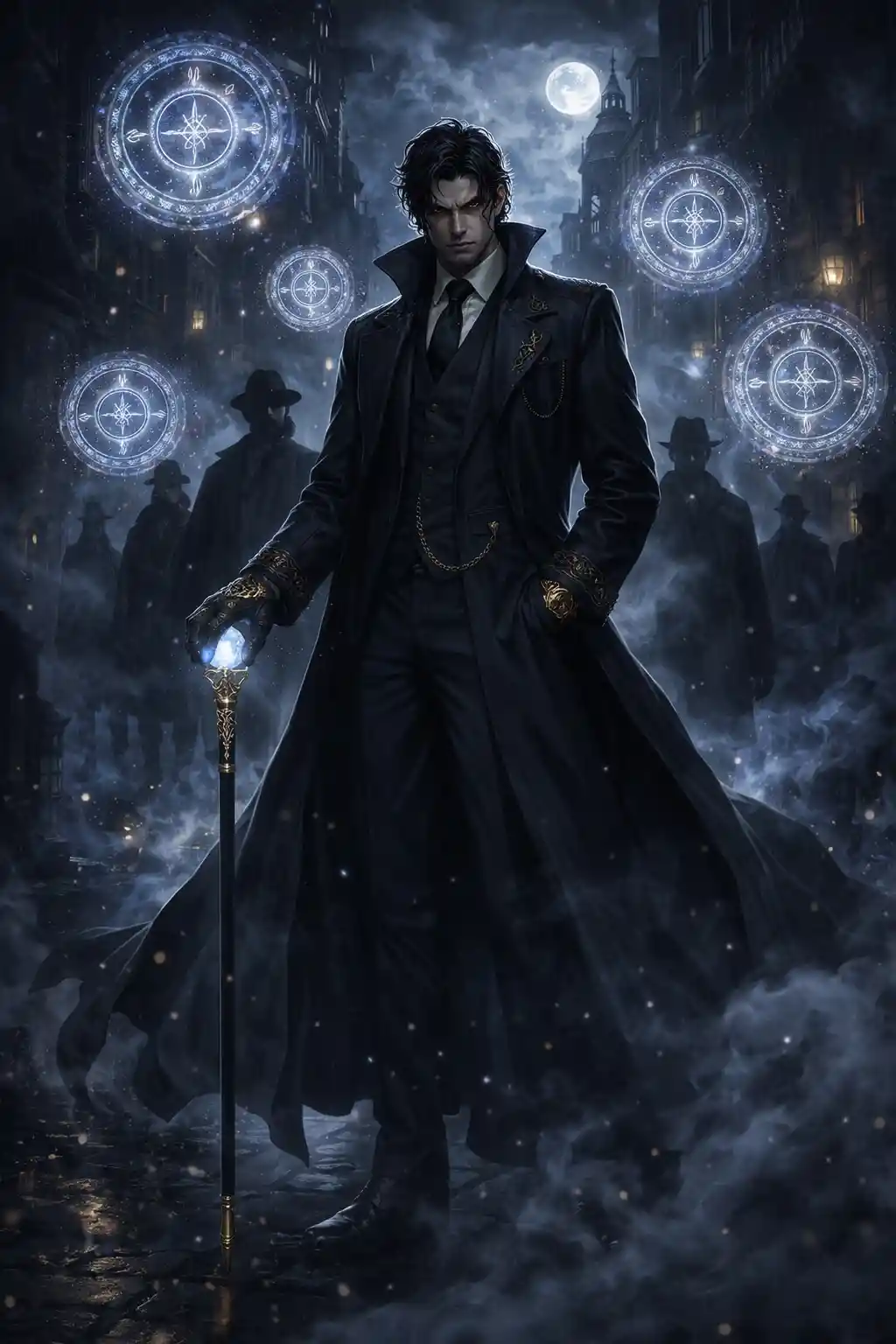 Fantasy mafia lord with cane in a runic alley