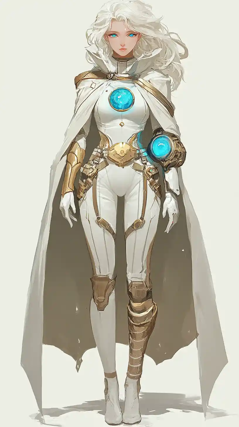 Anime woman in white jumpsuit with cloak and blue jewels