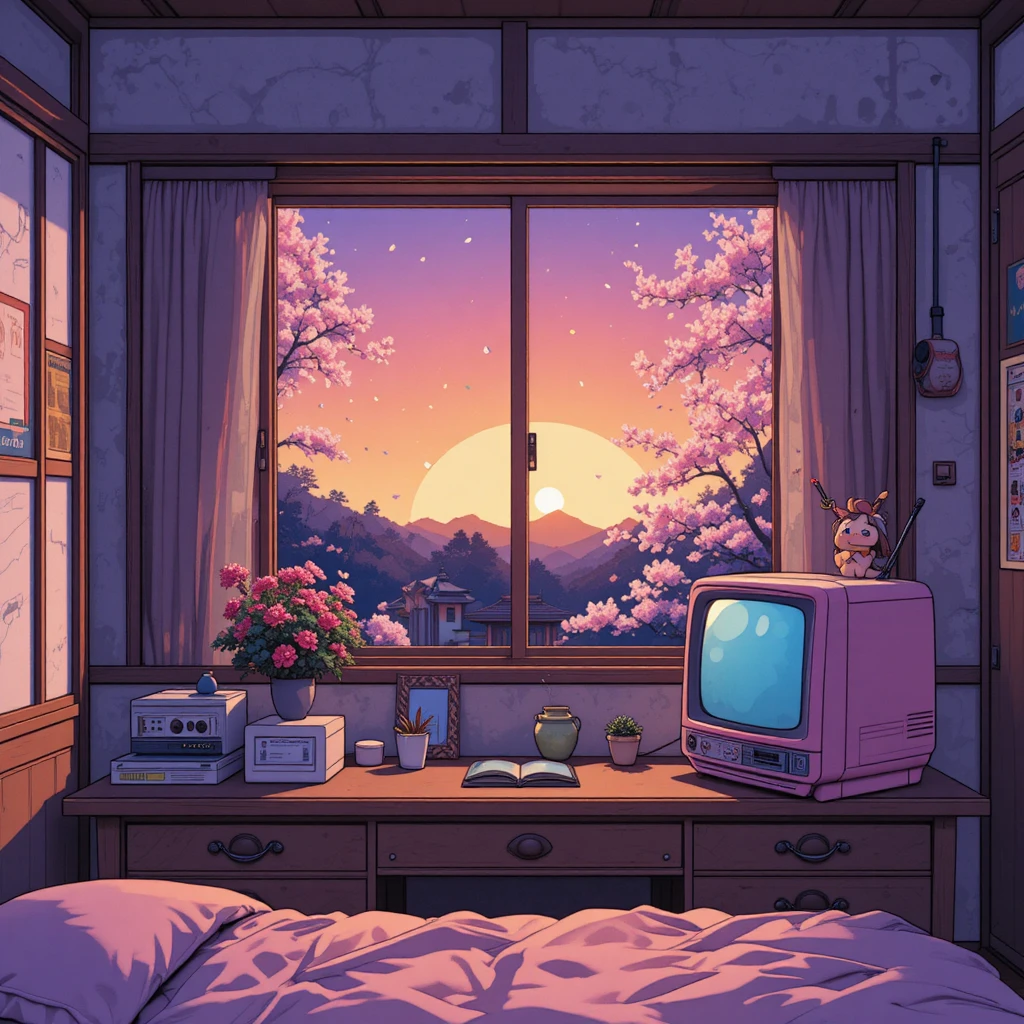 Accogliente camera da letto giapponese con scrivania in stile anime retrò al tramonto