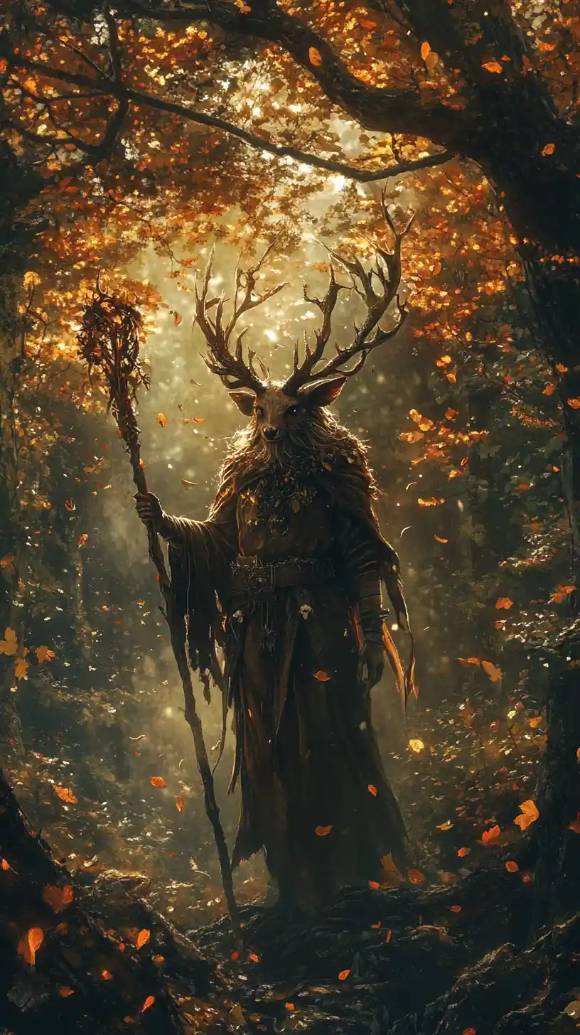 Mystischer Waldgeist mit Geweih unter herbstlichem Blätterdach
