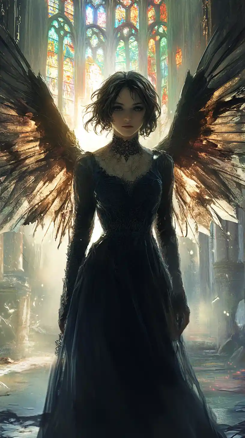 Gothic angel girl backlit in ruined stained glass cathedral