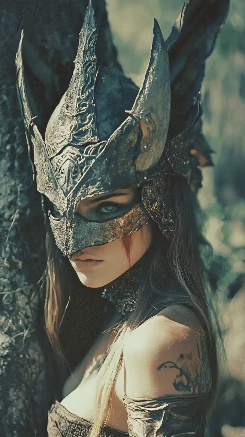 Scarred warrior woman with mask in mystical fantasy realm