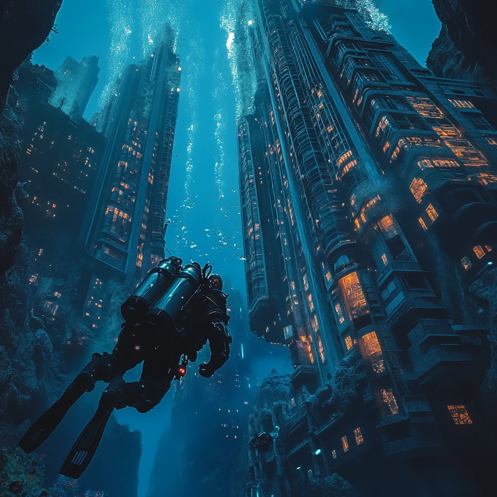 Underwater diver exploring a glowing skyscraper cityscape