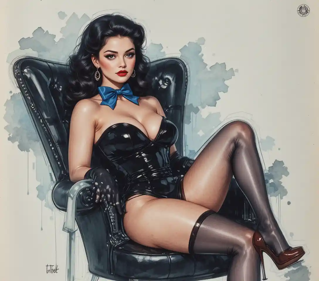 Curvy pin up woman in black latex on high heel chair